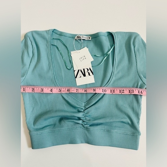 NEW! ZARA RIBBED Crop Top With Ruching In Front NWT Size Small Blue - Picture 6 of 7